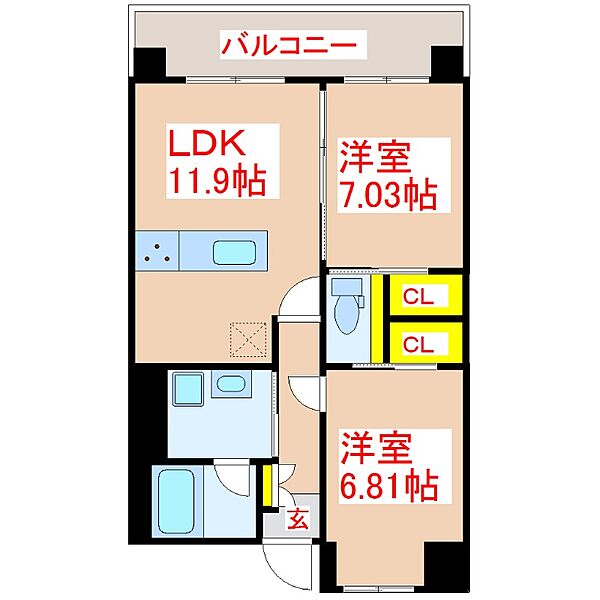 ＨＡＺＵ　ＧＲＡＮＤＥ ｜鹿児島県鹿児島市新屋敷町(賃貸マンション2LDK・8階・57.43㎡)の写真 その2