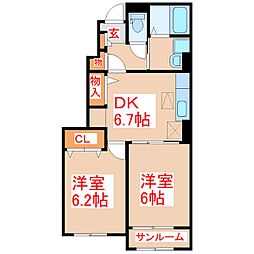カーサ・ハピネス1 2DKの間取図画像