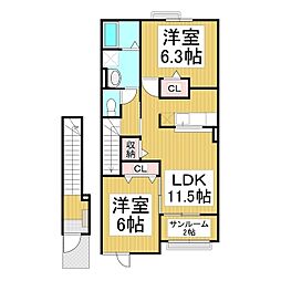 サンハイムB 2階2LDKの間取り
