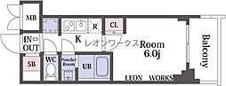 プランドール新北野 1Kの間取図画像