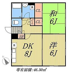 パルデンス山内 1階2DKの間取り