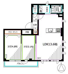 西武新宿線 沼袋駅 徒歩5分の賃貸マンション 4階2LDKの間取り