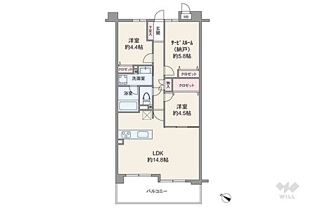 間取りは専有面積67.05平米の2SLDK。LDK約14.8帖の横長リビングのプラン。バルコニー面積は9.75平米です。