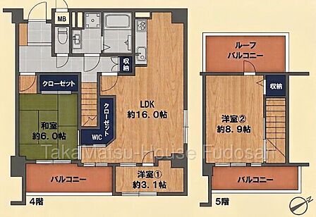 ルーフバルコニー付きメゾネットタイプ。収納充実の3LDKです。