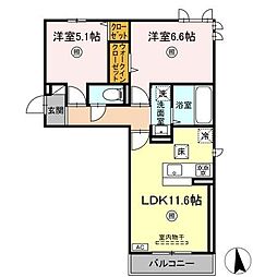 D-room菊池B棟 1階2LDKの間取り