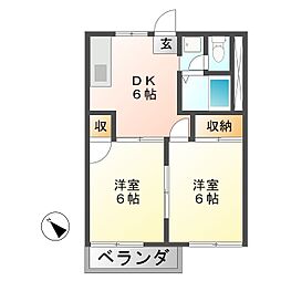平成後田ハイツ 2DKの間取図画像