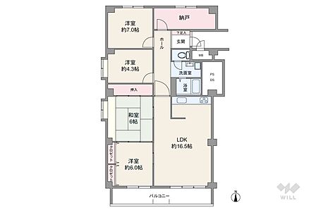 間取りは専有面積106.13平米の4LDK+N。LDK約18.6帖のプラン。バルコニー面積は10.5平米です。