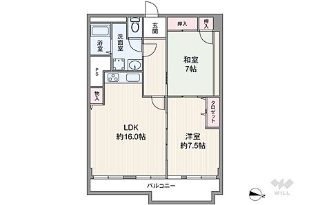 間取りは専有面積72.85平米の2LDK。全居室7帖以上の広さがあるプラン。洋室を間にして、3部屋が続き間になっています。すべての居室に収納付き。バルコニー面積は10.29平米です。