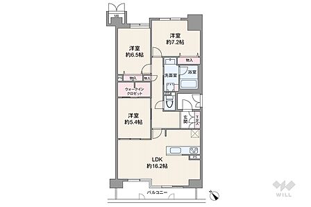 間取りは専有面積81.77平米の3LDK。LDK約16.2帖のプラン。バルコニー面積は8.05平米です。