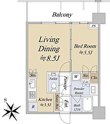 シティタワー新宿 18階1LDKの間取り