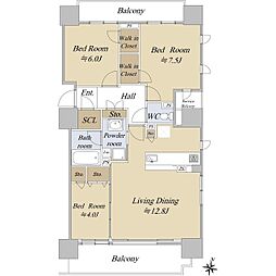 シティタワーズ円山 9階3LDKの間取り