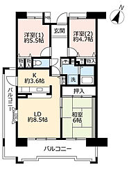 UR都市機構アルビス旭ケ丘1-2号棟 3LDKの間取図画像