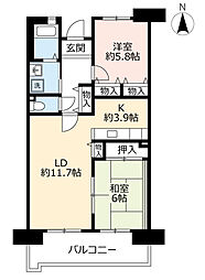 UR都市機構サンヴァリエ針中野9号棟 2LDKの間取図画像