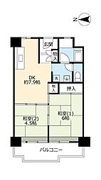 UR都市機構南港わかぎの団地42棟 2DKの間取図画像