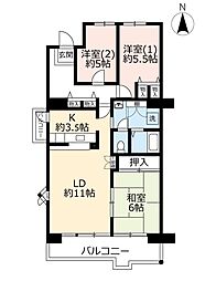 UR都市機構サンヴァリエ苅田3号棟 3LDKの間取図画像