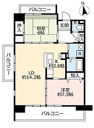 UR都市機構サンヴァリエ津久野7号棟 2LDKの間取図画像
