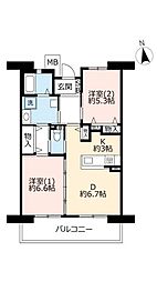 UR都市機構サンヴァリエ津久野9号棟 2DKの間取図画像