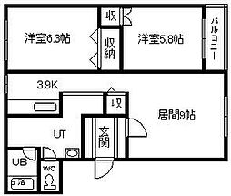 医大前北幸ハイツ 2LDKの間取図画像