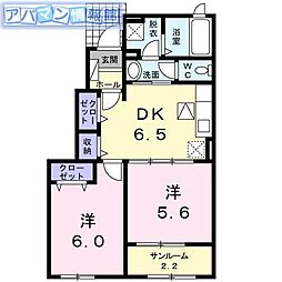 ブライトハーモニーＢ 1階2DKの間取り