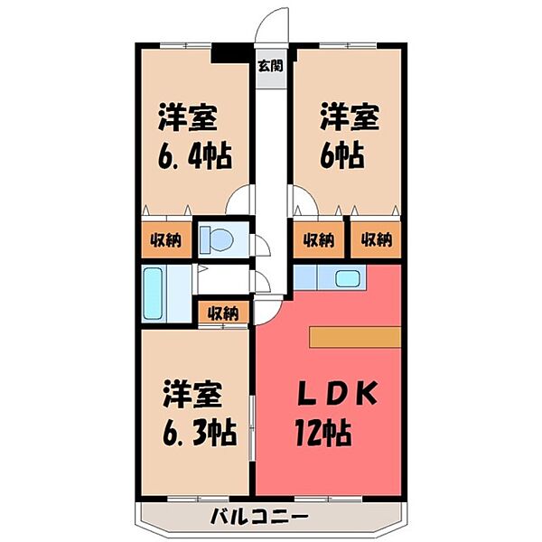 セルフェリス ｜栃木県宇都宮市西原3丁目(賃貸マンション3LDK・2階・68.66㎡)の写真 その2