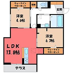 宇都宮芳賀ライトレール線 東宿郷駅 徒歩15分の賃貸アパート 1階2LDKの間取り