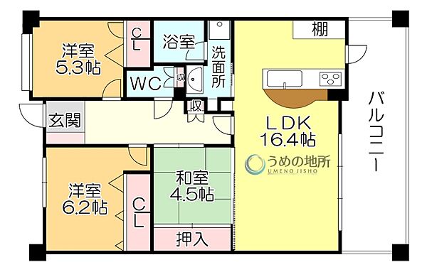 コアマンションフェスティオ久留米 303｜福岡県久留米市東櫛原町(賃貸マンション3LDK・3階・72.25㎡)の写真 その2