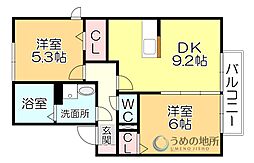 セジュールアルジェントB棟 2DKの間取図画像