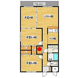 フェイマスKITAMI　3番館 2階3LDKの間取り