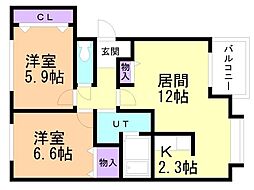 グランデール弐番館 2LDKの間取図画像