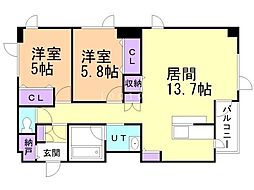 フルリール美香保 2LDKの間取図画像