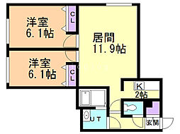 ル・ノール学園前 2LDKの間取図画像