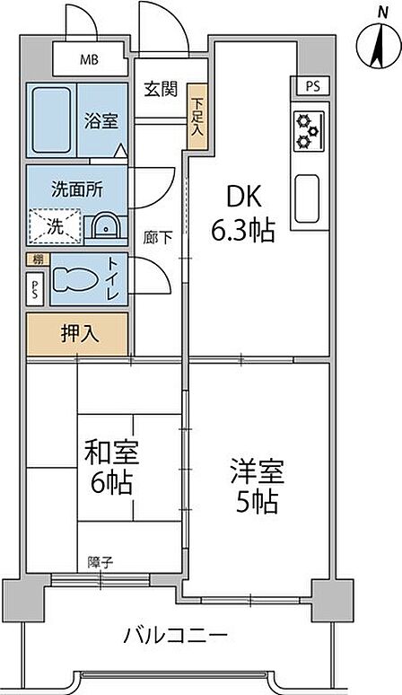 無駄のない生活動線と独立性の高い水回りが魅力。陽当り良好な南向き2DK