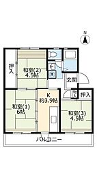 UR落合 2階3Kの間取り