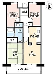 UR都市機構グリーンヒルズ鷹取1号棟 3DKの間取図画像