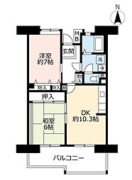 UR都市機構グリーンヒルズ六甲2号棟 2DKの間取図画像