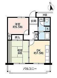 UR都市機構アミティ学園西町団地712号棟 2DKの間取図画像