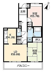 UR都市機構フレール東芦屋町33号棟 2LDKの間取図画像
