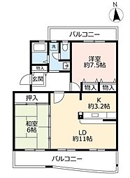 UR都市機構東山台ハイツ202号棟 2LDKの間取図画像