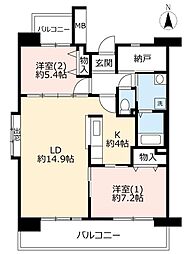 UR都市機構パークタウン西武庫9号棟 2LDKの間取図画像