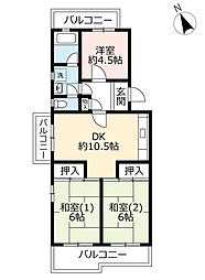 UR都市機構すずかけ台ハイツ7号棟 3DKの間取図画像