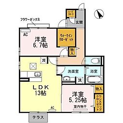 JR山陽本線 福山駅 6.4kmの賃貸アパート 1階2LDKの間取り