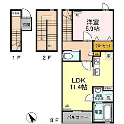 JR山陽本線 福山駅 徒歩26分の賃貸アパート 3階1LDKの間取り