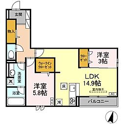 JR山陽本線 福山駅 徒歩28分の賃貸アパート 1階2LDKの間取り
