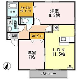 JR福塩線 横尾駅 徒歩30分の賃貸アパート 2階2LDKの間取り