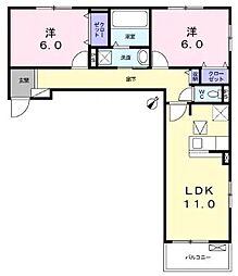 JR福塩線 備後本庄駅 徒歩15分の賃貸アパート 1階2LDKの間取り