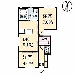 JR福塩線 万能倉駅 徒歩10分の賃貸アパート 1階2DKの間取り