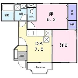 JR山陽本線 東福山駅 徒歩23分の賃貸アパート 1階2DKの間取り