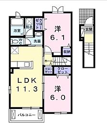 JR山陽本線 東福山駅 4.4kmの賃貸アパート 2階2LDKの間取り