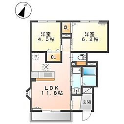 プリムヴェール 2LDKの間取図画像