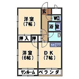 ソレイユ・レバンテ浅野 2DKの間取図画像